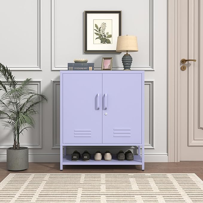 Metal Shoe Storage Cabinet with Lock, 2-Door Multifunctional Shoe Organizer with Adjustable Shelf & Bottom Shoe Rack, Freestanding Entryway Furniture, Purple 33" H X 29.5" W X 13.8" D