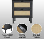 Sango Orre 2-Drawer Nightstand, Modern Black Bedside Table with Synthetic Rattan Drawer Panels, Cylindrical Wood Legs, Discreet Finger Pulls, Smart Storage for Living Room or Office Room