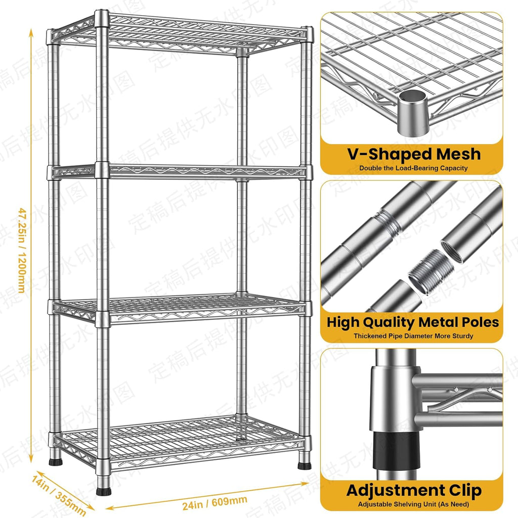 4- Shelf Storage Shelves Wire Shelving Unit Adjustable Metal Shelving Sturdy Steel Commercial Shelf organize Rack Units Heavy Duty 2200 LBS,for Garage Laundry Bathroom Organization Kitchen Closet
