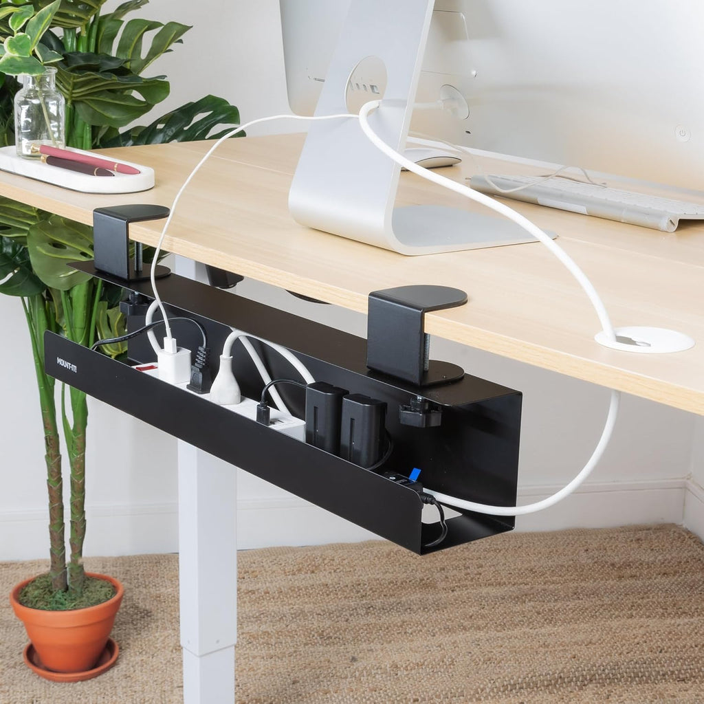 Mount-It! Clamp-On Under Desk Cable Management Tray – No-Drill Metal Cable Organizer for Office & Glass Desks, Secure Wire Management Tray for Power Strips & Cords – Sturdy Desk Cable Tray 23.6” Black