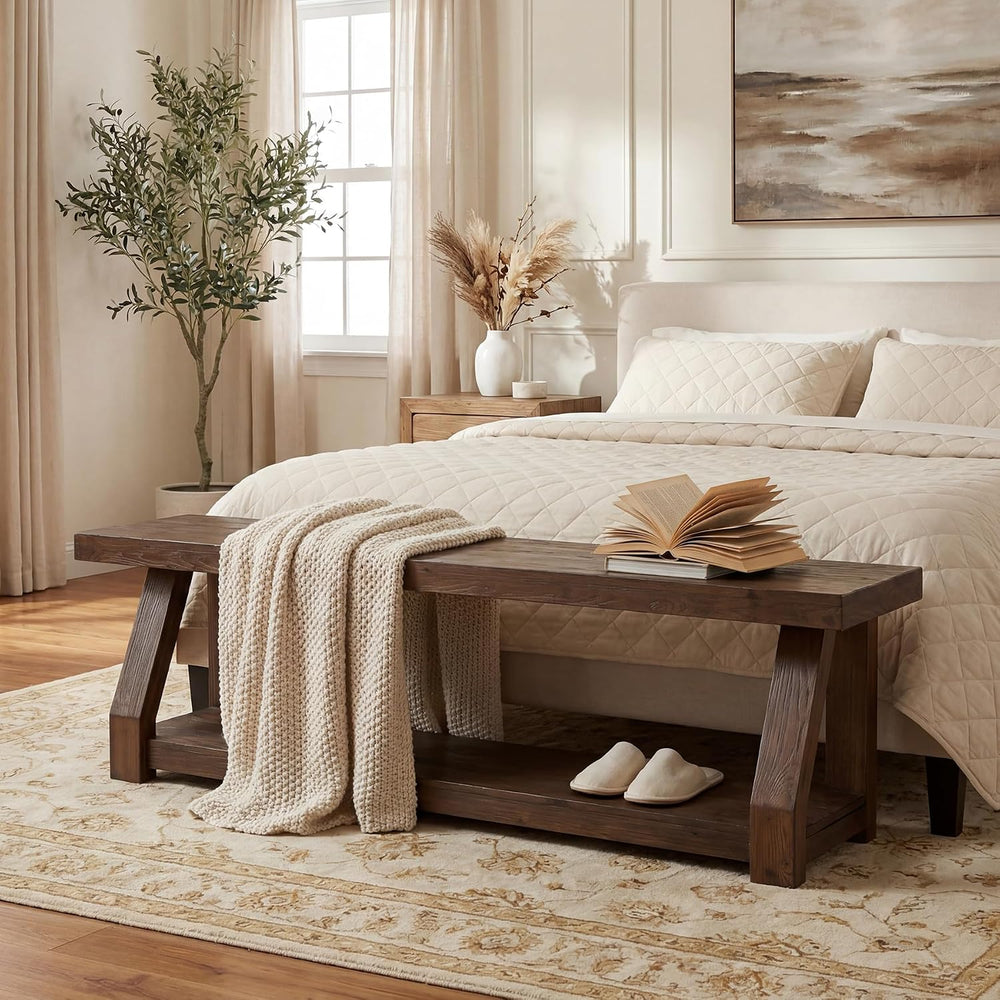63" Solid Wood Bench, 2-Tier Entryway Bench with Shoe Storage, Rustic Ha...