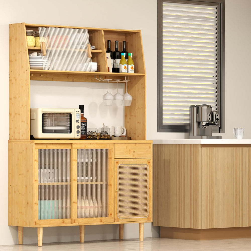 LOKO 69” Tall Bamboo Pantry Cabinet with Hutch, Kitchen Buffet Sideboard with...