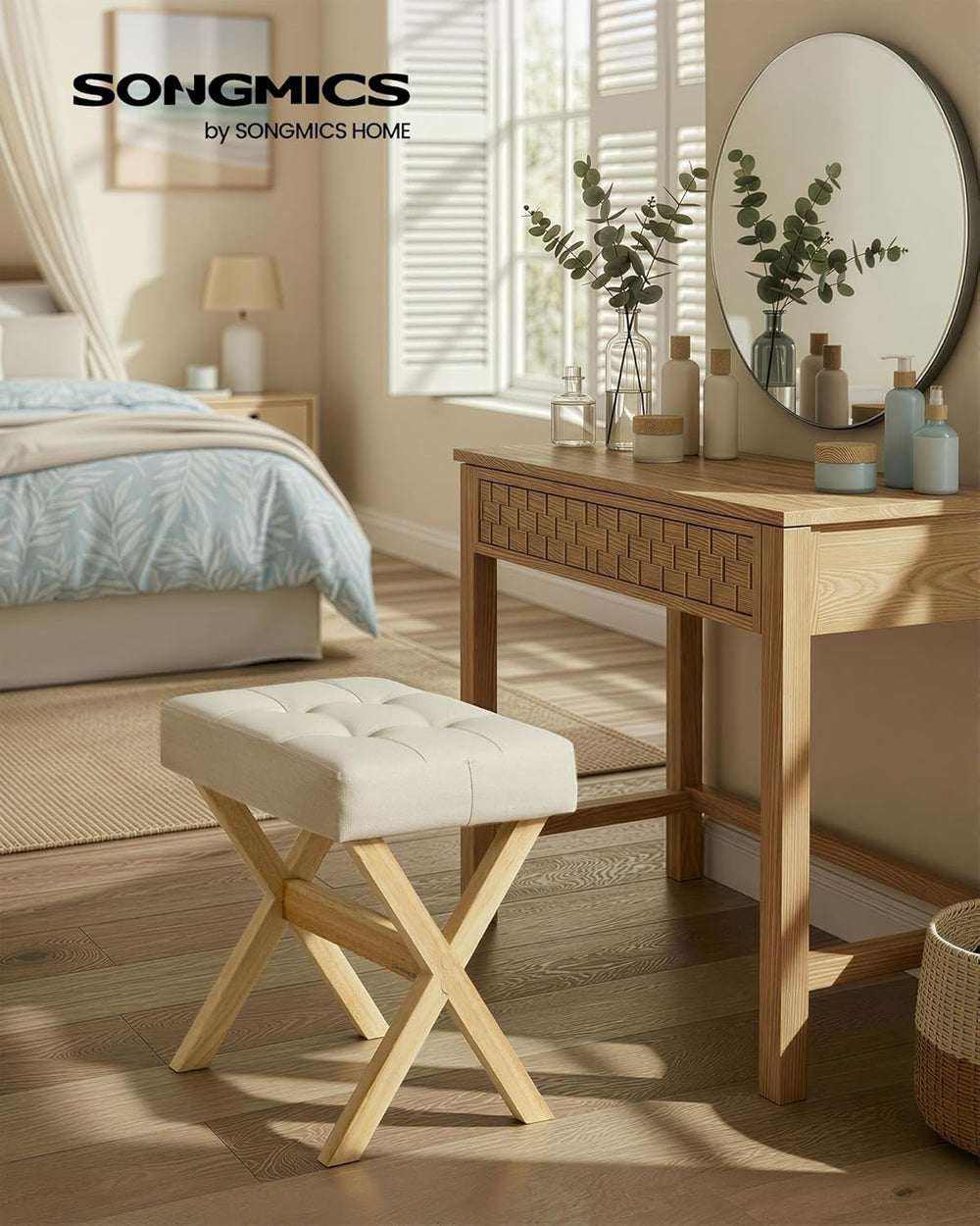 SONGMICS Makeup Stool, Padded Vanity Foot Rest, Solid Wood X Legs | 16.5 x 12...