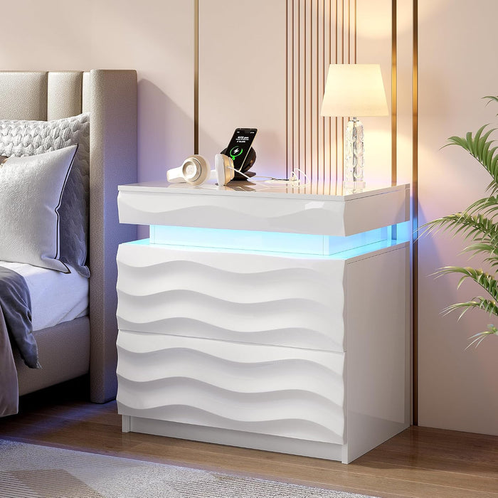 Night Stand with Gun Drawer - 23.6" Extra Wide LED 2 - Drawer Nightstand with Hidden Storage Human Sensor Light - Charging Bedside End Table with USB & Type-C Port for Bedroom, White