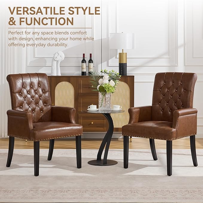 PU Leather Dining Chair with Arms, Upholstered Tufted High Back Dining Room Chairs, Accent Armchair with Solid Wood Leg and Nailhead Trim, Kitchen Dining Living Room, Coffee