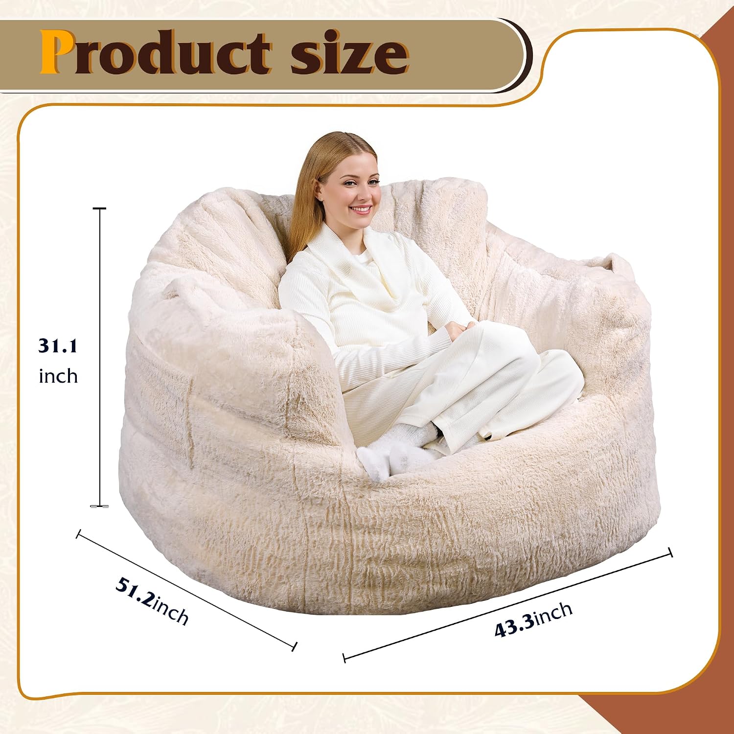 WLIVE 43'' Giant Bean Bag Chair, Bean Bag Sofa with Armrests for Adults, Bean Bag Couch with High-Density Memory Foam for Livingroom, Bedroom, Beige