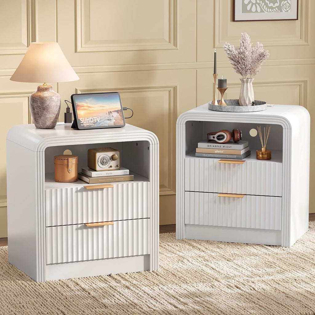 Decofy Fluted 2-Drawer Nightstand Set of 2 with Charging Station, White | Open Shelf, USB and Type C Ports, Curved Profile, Gold Handles, 19.7'' Wood Bedside Table