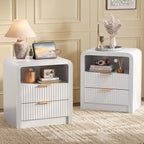 Decofy Fluted 2-Drawer Nightstand Set of 2 with Charging Station, White | Open Shelf, USB and Type C Ports, Curved Profile, Gold Handles, 19.7'' Wood Bedside Table