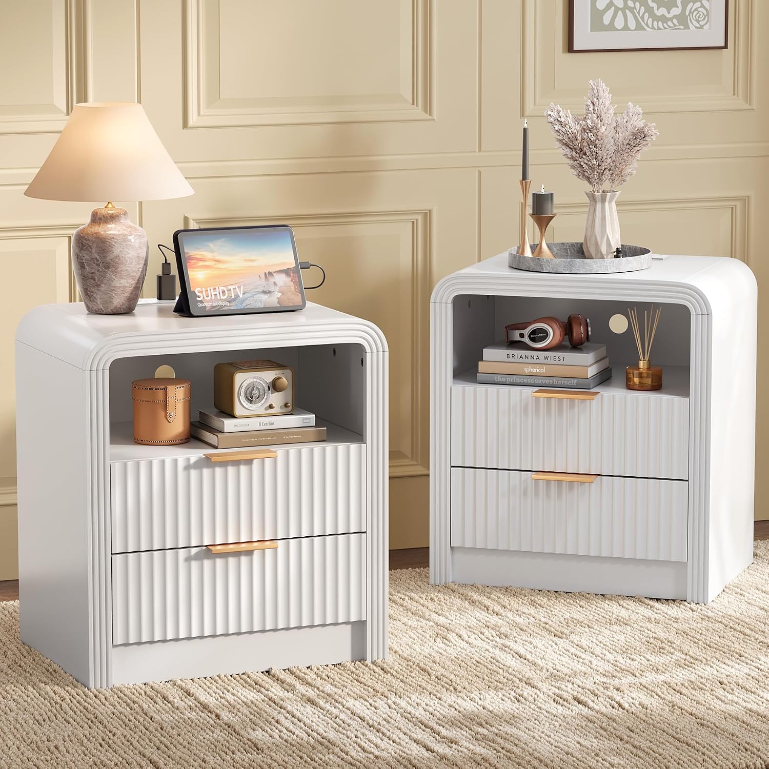 Decofy Fluted 2-Drawer Nightstand Set of 2 with Charging Station, White | Open Shelf, USB and Type C Ports, Curved Profile, Gold Handles, 19.7'' Wood Bedside Table