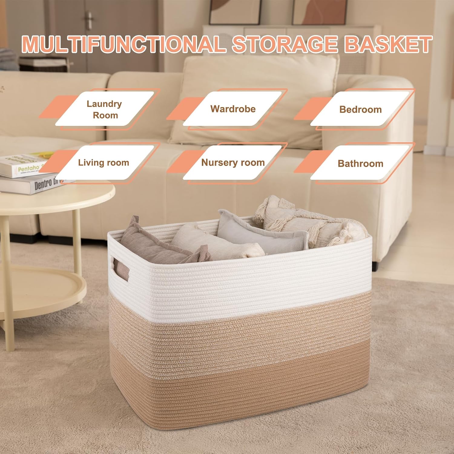 OIAHOMY 108L Super Large Blanket Basket, 25”x16”x16” Rectangle Woven Baskets for Storage, Cotton Rope Basket For Living Room, Toy Storage with Handle- Gradient Light Brown