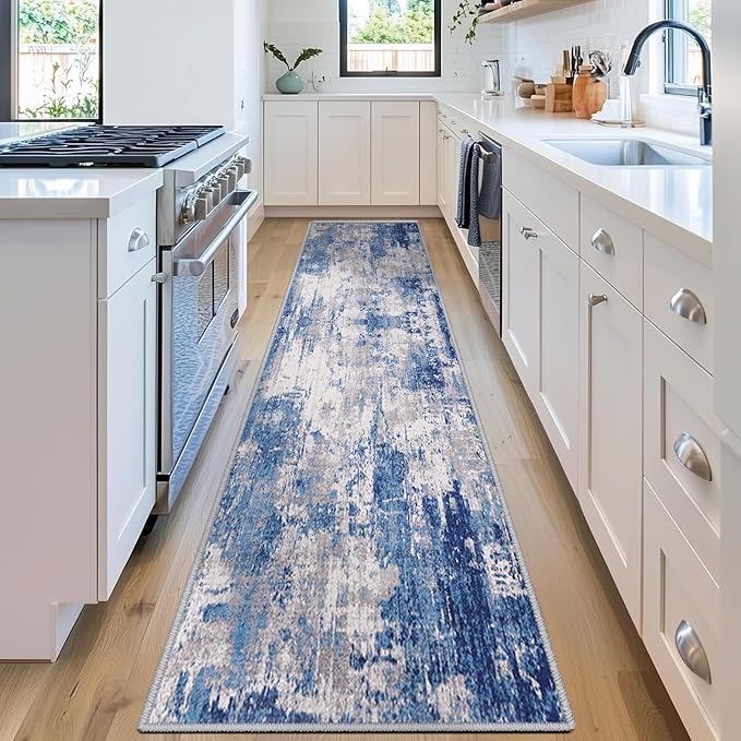 Washable Area Rugs 2'x10' Non-Slip Modern Abstract Soft for Living Room Entryway Bedroom Nursery, Print Pattern, Blue Grey Navy Gray
