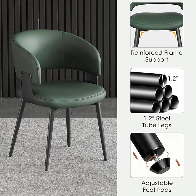 Modern Dining Chairs Set of 6, Faux Leather Upholstered Kitchen Chairs with Curved Back and Metal Legs, Mid Century Chairs for Dining Room, Kitchen, or Café (Green)
