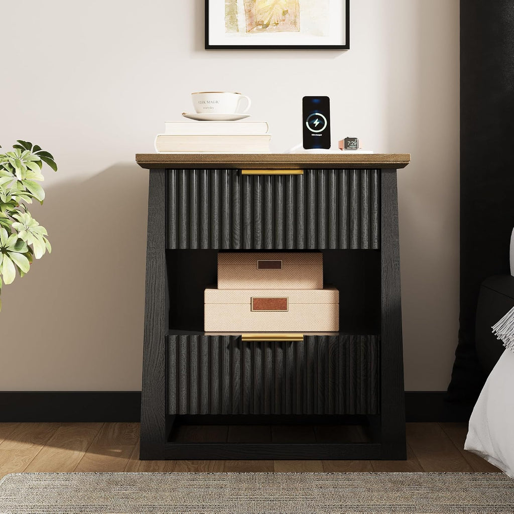 HIFYOBRO Fluted Nightstands Set of 2 with Charging Station & Motion Sensor Light, Modern Bedside Tables with 2 Drawers and Storage Shelf for Bedroom, Black