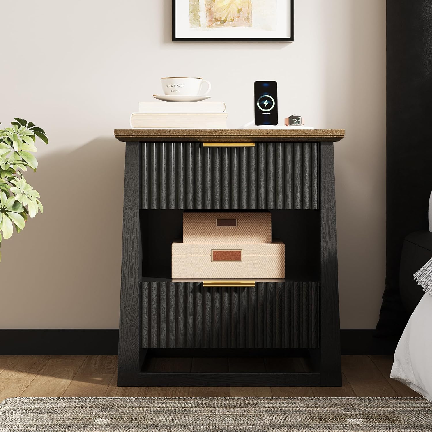 HIFYOBRO Fluted Nightstands Set of 2 with Charging Station & Motion Sensor Light, Modern Bedside Tables with 2 Drawers and Storage Shelf for Bedroom, Black