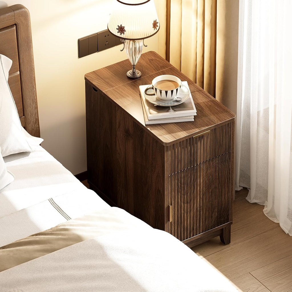 Yoobure End Table with Charging Station - Narrow Side Table for Living Room, Fluted Night Stand with Drawer and Storage Cabinet, Wood Nightstand with Adjustable Shelf for Bedroom Small Spaces, Walnut