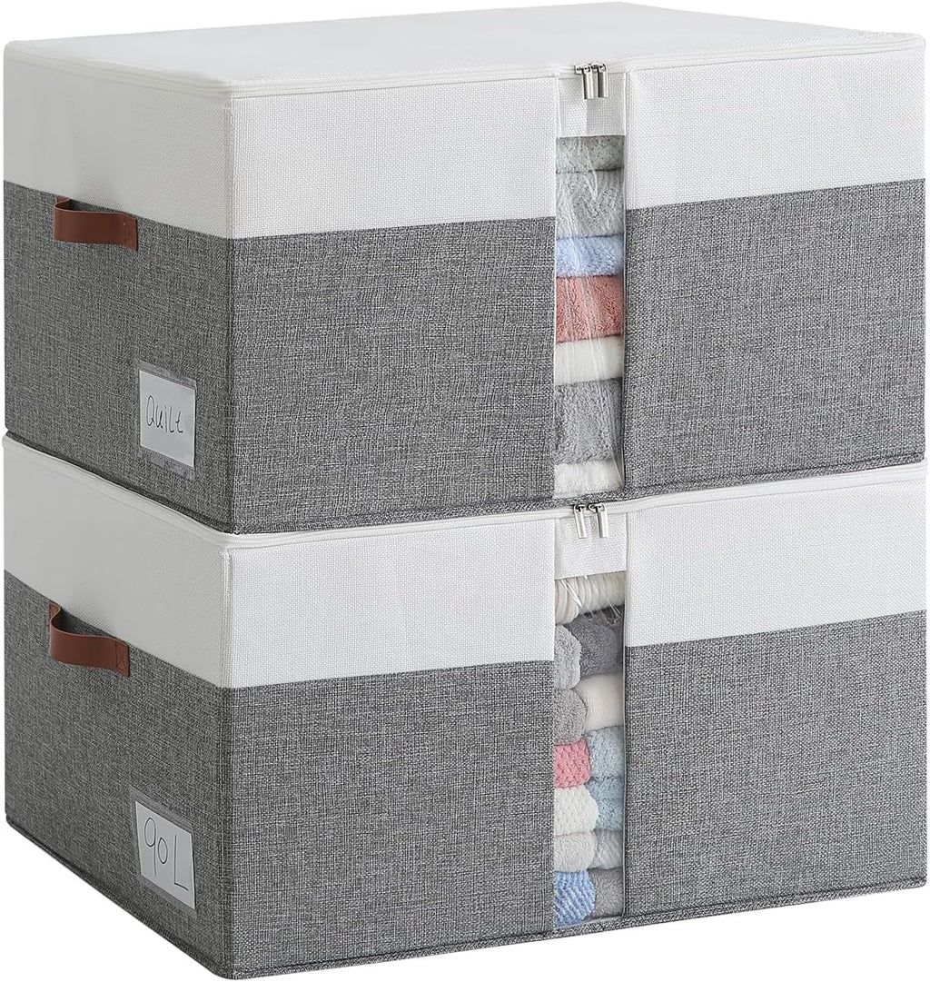 Reinforced LARGE Blanket Storage Baskets with Lids, 2 Packs Stackable Comforter Storage Bag with Clear Window & Handles, Clothes Organizer for Closet,King/Queen Comforters Quilt Duvet