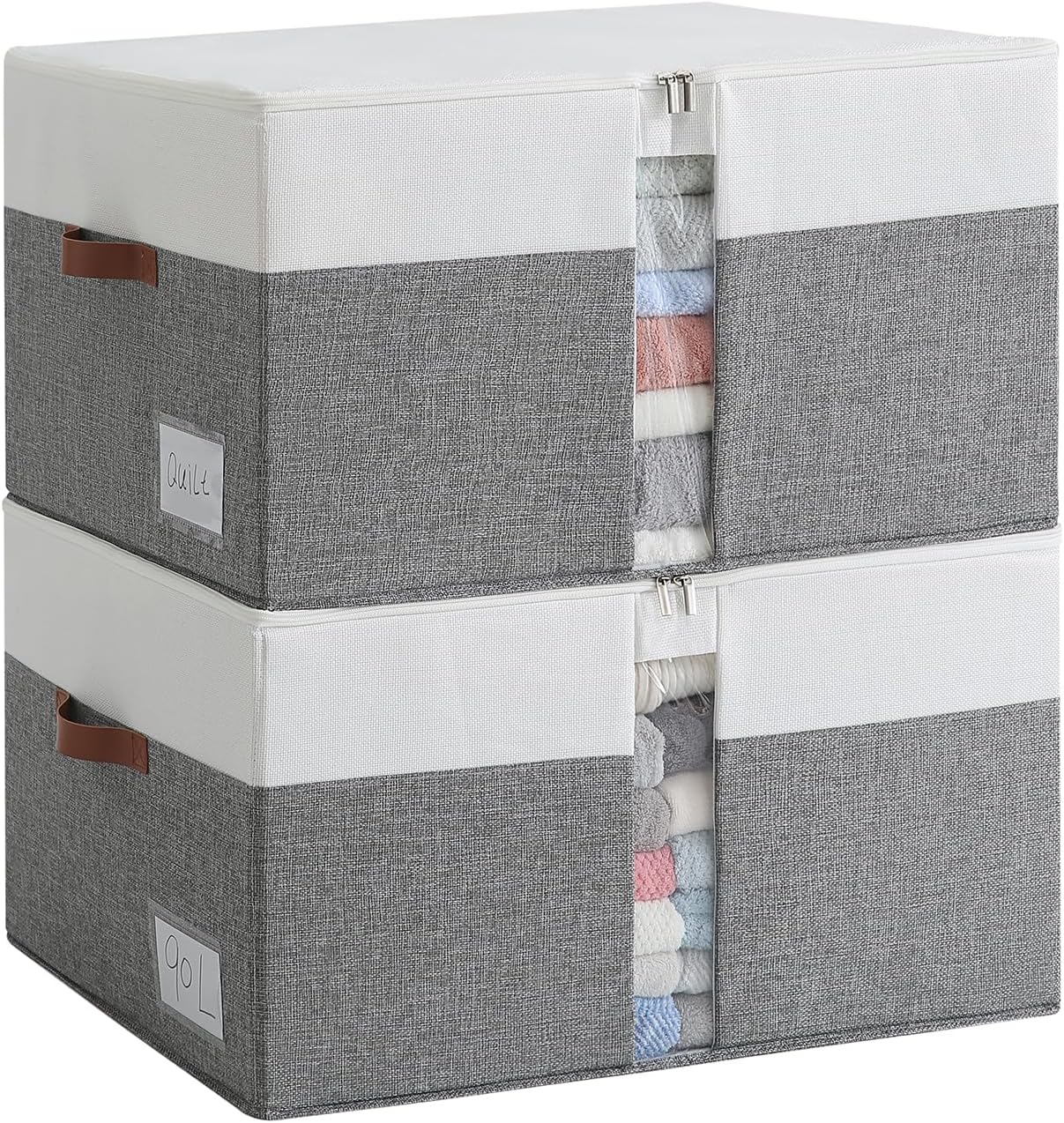 Reinforced LARGE Blanket Storage Baskets with Lids, 2 Packs Stackable Comforter Storage Bag with Clear Window & Handles, Clothes Organizer for Closet,King/Queen Comforters Quilt Duvet