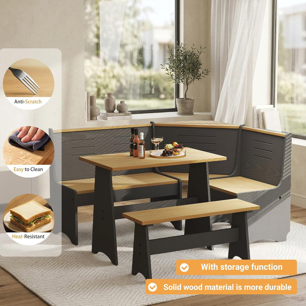 ENOR 3-5 People Breakfast Nook Set, L-Shaped Corner Dining Table with Bench, ...