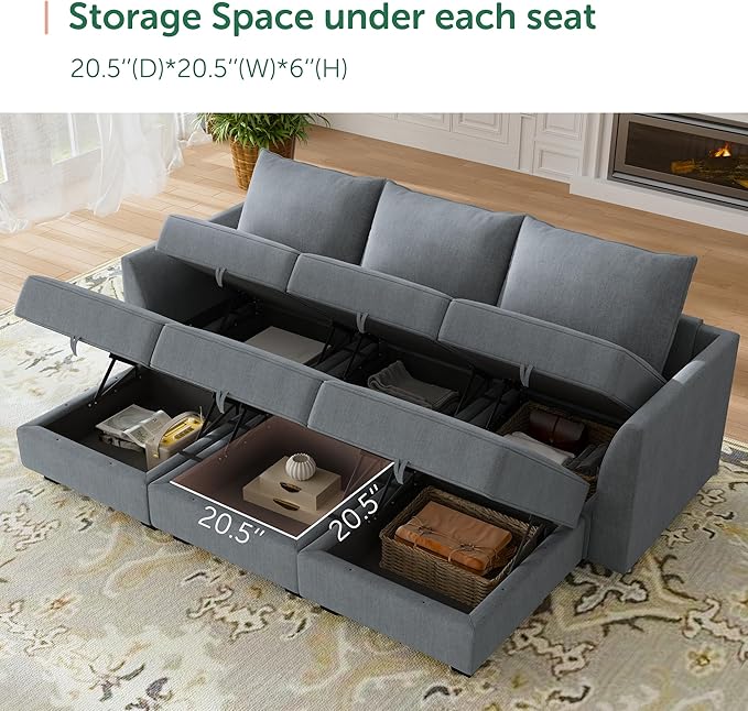 HONBAY Modular Sectional Sleeper Sofa with Storage, Convertible Modular Sectional Sofa with Reversible Chaise Sectional Couch for Living Room, Bluish Grey