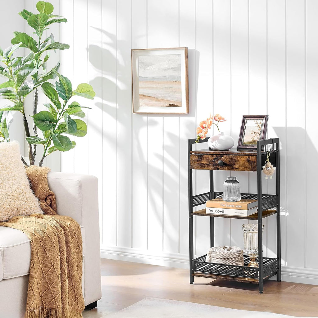 FAVOOSTY Bathroom Ladder Shelf, 3-Tier Bathroom Floor Storage Shelf with Drawer, Freestanding Towel Shelf, Bookcase End Table Open Shelving Unit for Living Room,Balcony, Rustic Brown