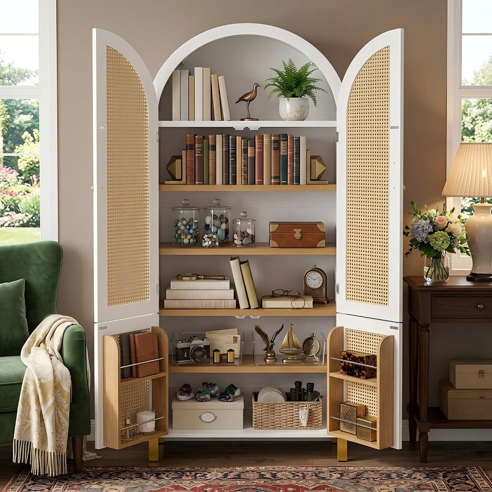 KEIKI 71" Tall Storage Cabinet with Arched Rattan Doors, Freestanding Fl...