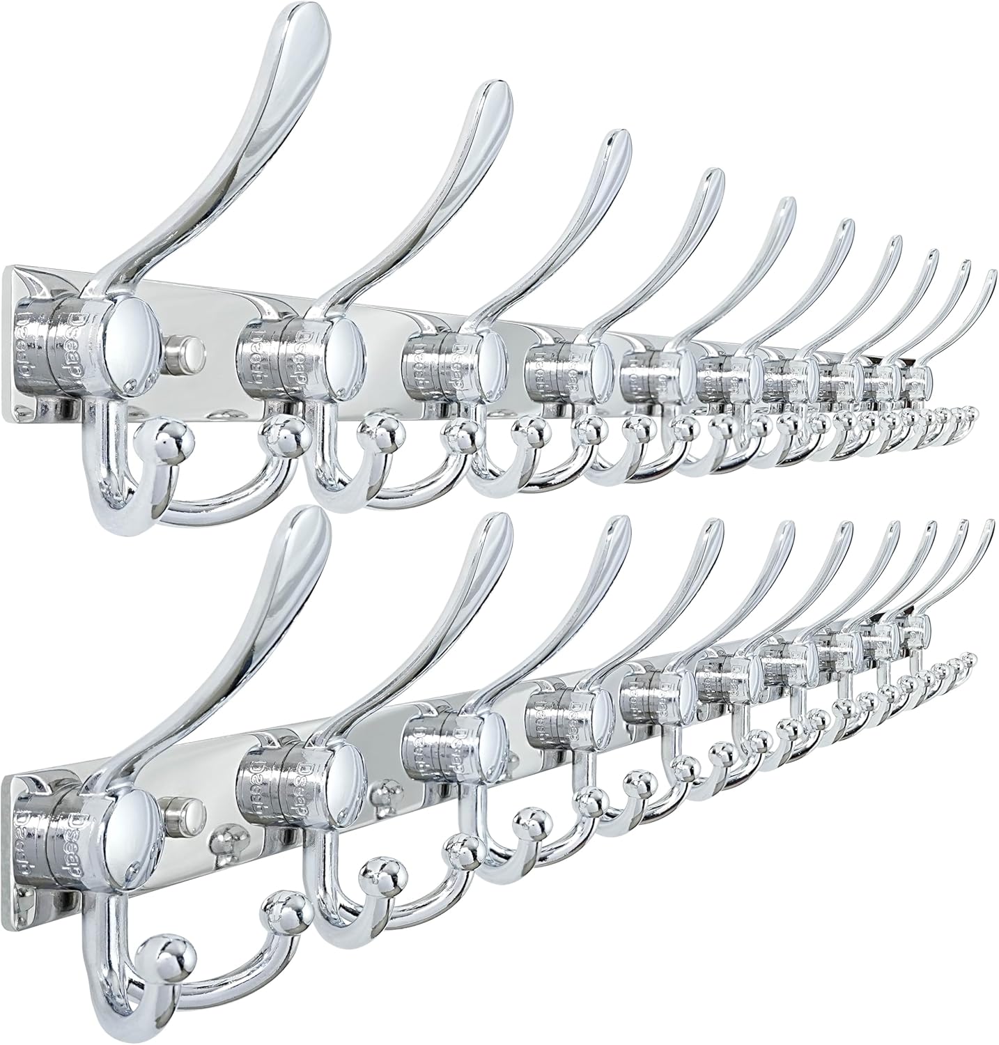Dseap MaxStrong 2.0 Coat Rack Wall - 37” Long 10 Tri Hooks - Ultra Heavy-Duty Stainless Steel Wall Mount Coat Hanger, Hook Rail for Clothes Hats Jacket Towels Chromed, Pack of 2