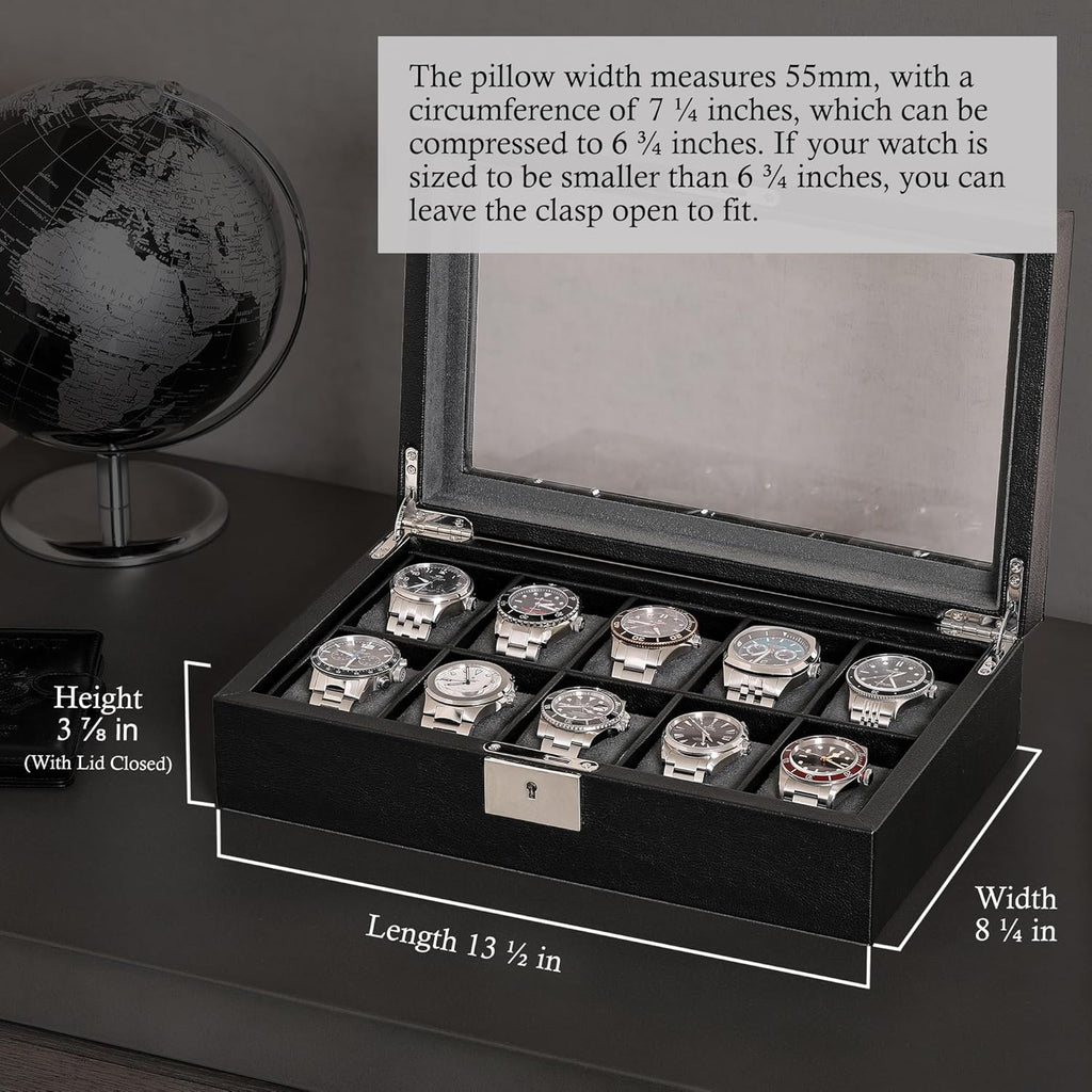 ROTHWELL 10 Slot Leather Watch Box - Luxury Case Display Jewelry Organizer - Locking Watch Display Case Holder with Large Glass Top - Box Organizer for Men and Women (Black/Grey)