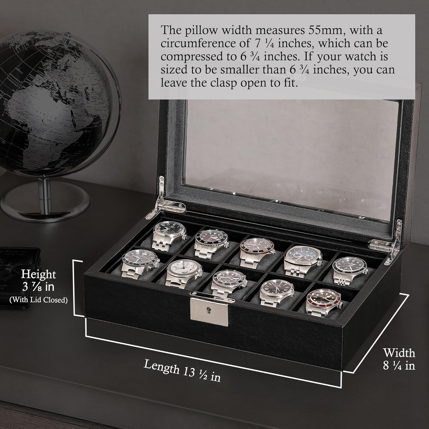 ROTHWELL 10 Slot Leather Watch Box - Luxury Case Display Jewelry Organizer - Locking Watch Display Case Holder with Large Glass Top - Box Organizer for Men and Women (Black/Grey)
