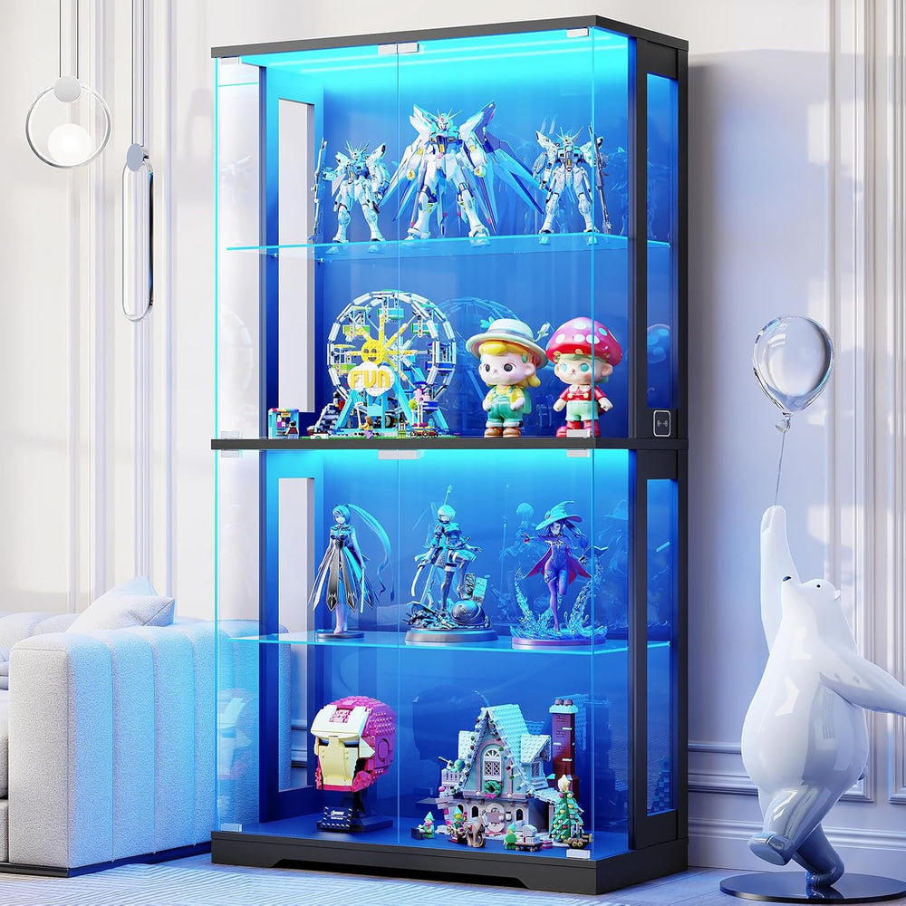 Display Cabinet with Glass Doors, 4-Tier Curio Cabinet with Transparent Full-...