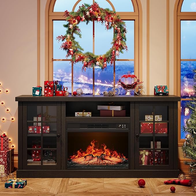 ONBRILL 59 Inch Fireplace TV Stand, Entertainment Center with 23 Inch Electric Fireplace, TV Table for TVs up to 65 Inches, Media Console Cabinet with Storage and Glass Doors for Living Room, Black