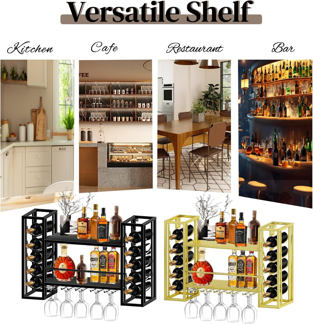 Wall Mount Wine Racks with Glass Holder, Metal Bottle Holder Glass Rack Wall ...