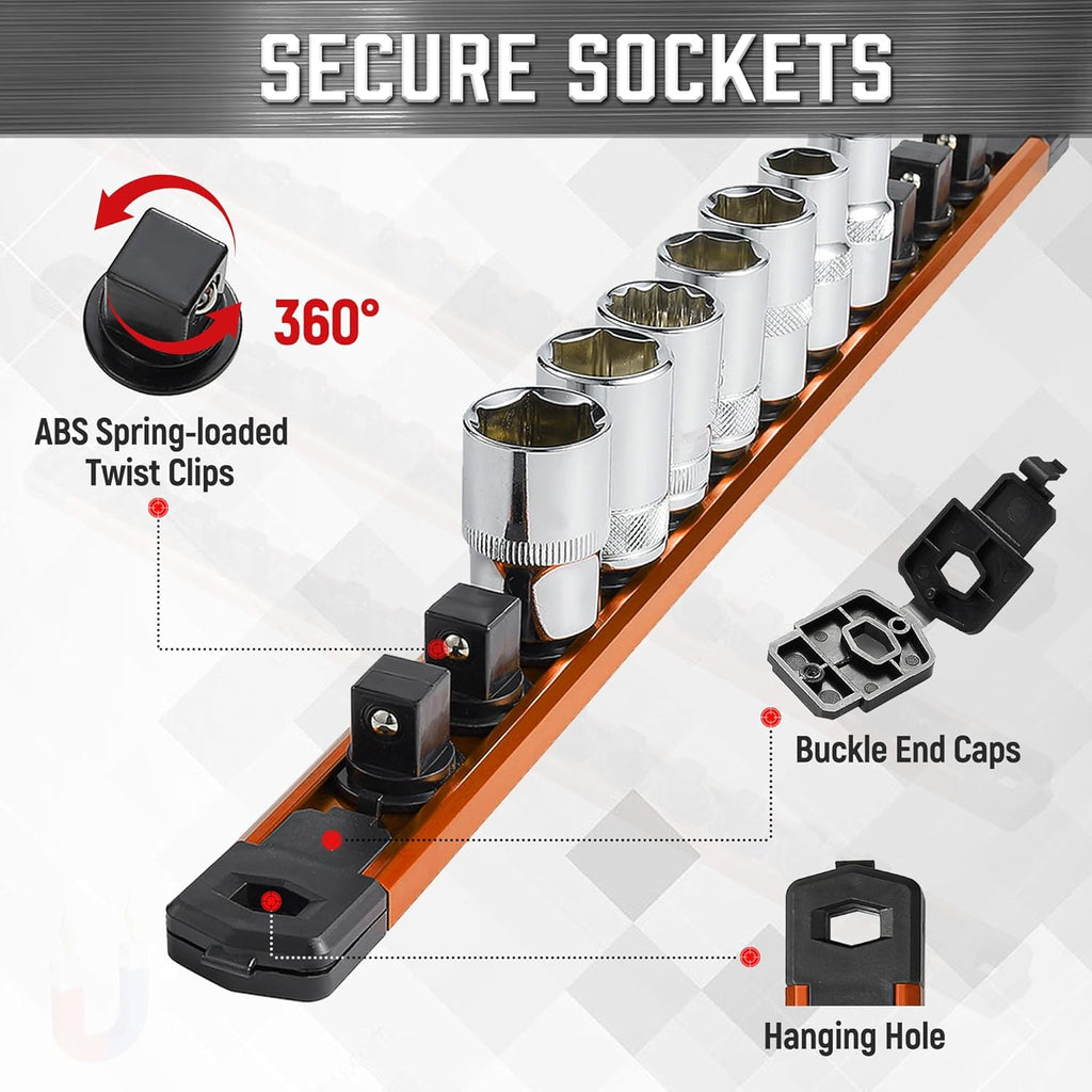 ALOANES 6-Piece Magnetic Socket Organizer, Heavy Duty Aluminum Socket Rails Organizer, 360° Swivel Clips Socket Holder Kit for Tool Box, 1/2, 3/8, 1/4-Inch Socket Holder x 80 Clips (Black&Orange)