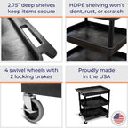 Stand Steady Tubstr Large 3 Shelf Utility Cart | Heavy Duty, Black HDPE & PVC, Holds Up to 300 lbs. | Storage & Rolling Tool Cart for School, Office, Garage & Warehouse