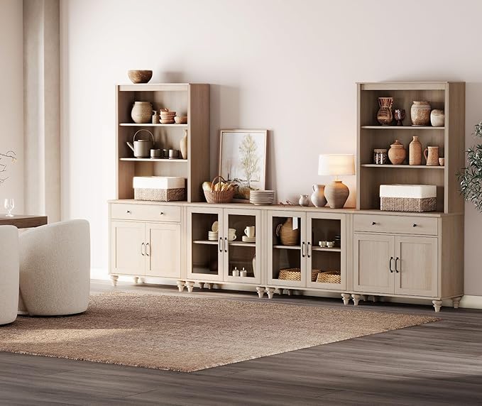 WAMPAT Entertainment Center with Bookshelves for TVs up to 75", Farmhouse Wall Unit TV Stand with Glass Doors & Drawer, Media Console Table for Living Room, Bedroom & Home Theater, Beige