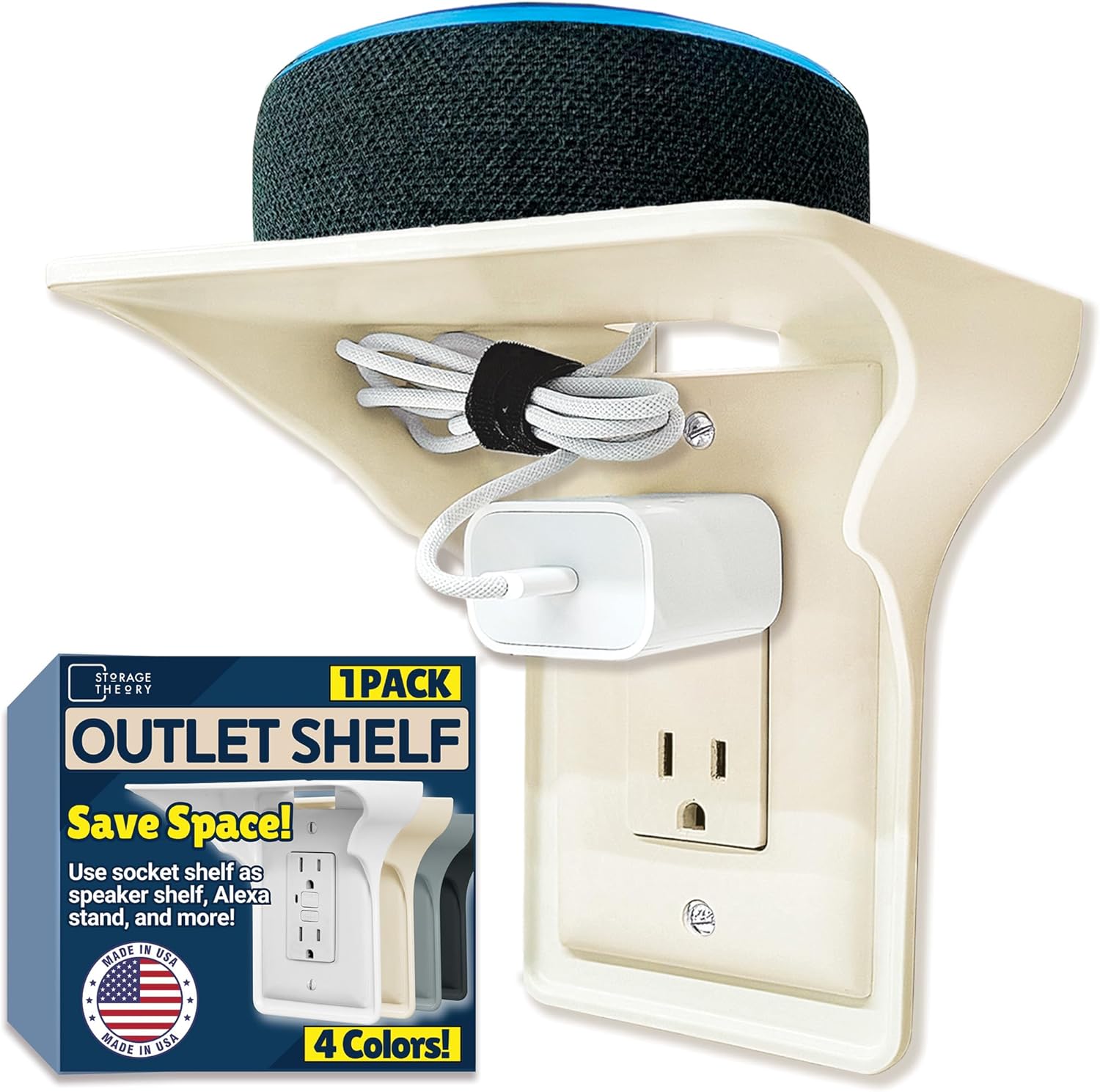 BeraTek Power Perch Wall Outlet Shelf with Cord Storage Strap - Declutter & Reclaim Bathroom Counter Space - Echo Dot Stand, Homepod Mini Wall Mount, Smart Home Devices Organizer - Almond, 1-Pack