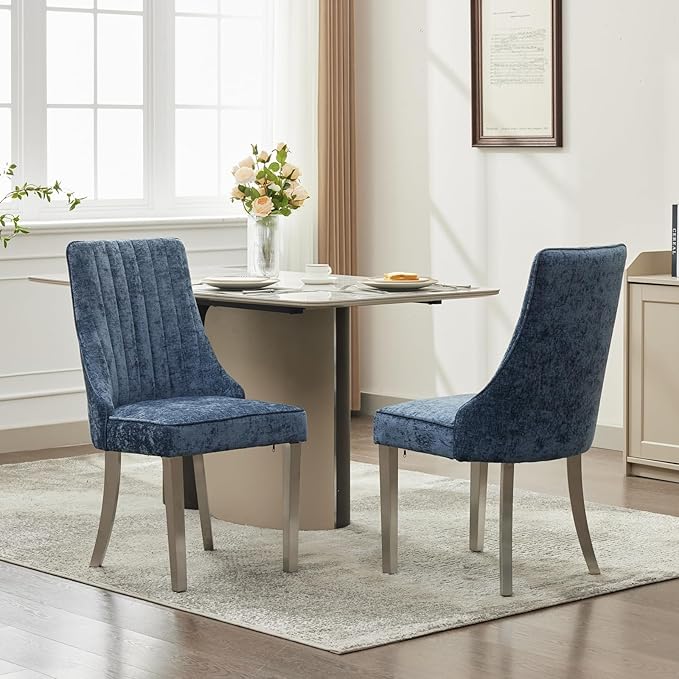 Dining Chairs Set of 2，Modern Channel Tufted Upholstered Dining Chairs with Silver Stainless Steel Legs, Comfortable Chenille Fabric Kitchen Chairs for Dining Room (Blue, 2pc)