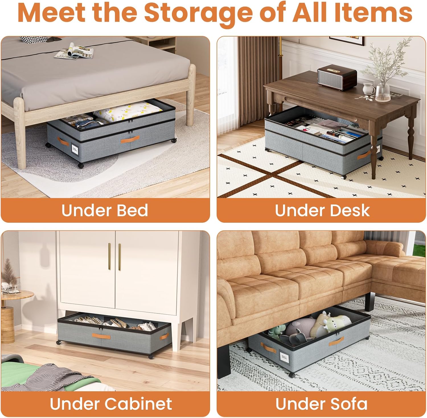 Under Bed Storage with Wheels, 72L XXL Under the Bed Storage Containers Large, 10‘’ Tall Adjustable Storage for Underbed with Lids, Rolling for Shoes, Clothes, Blankets, Grey