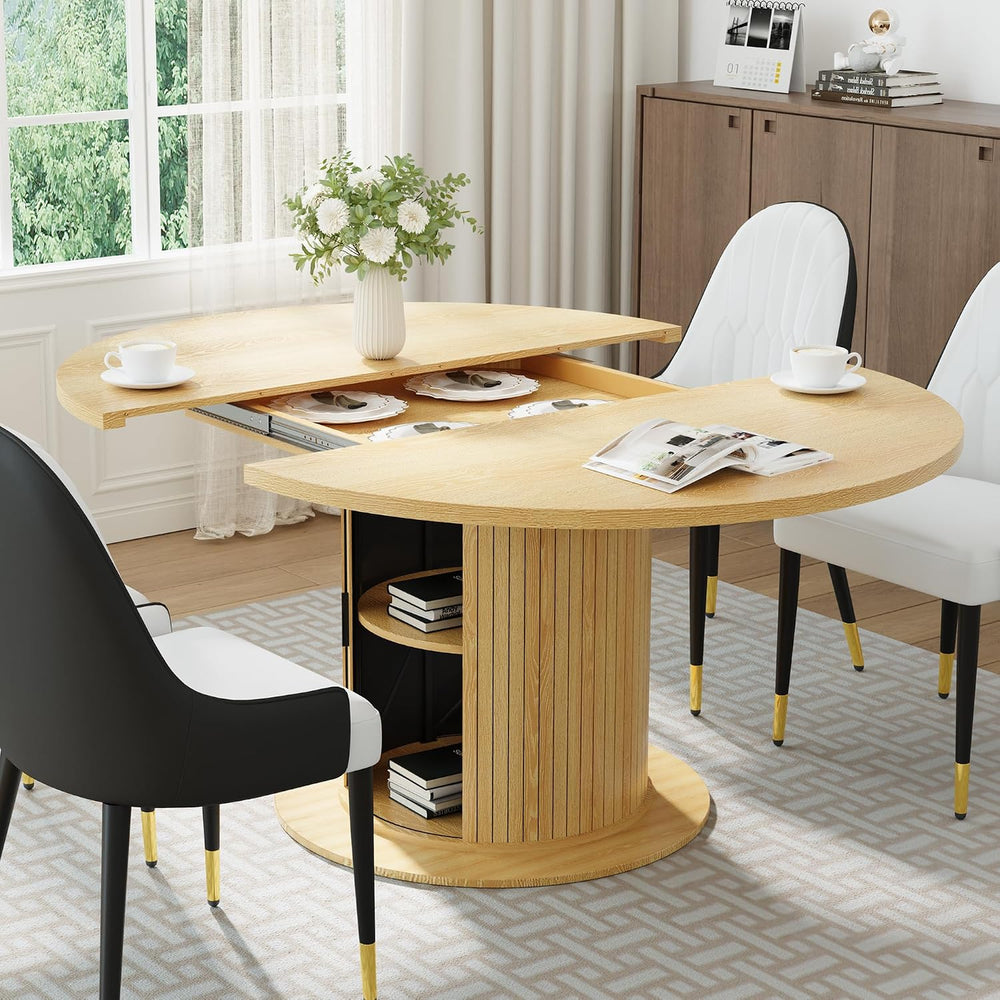 47"-63" Extendable Round-to-Oval Dining Table with Double-Layer Hid...