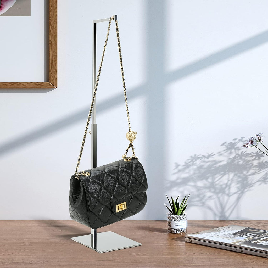 2 Pack Handbag Display Stands, Silver Purse Holder Display Stands, Adjustable Height Stainless Steel Hanger Rack for Retail Closet Vendors Display Luxury Bag Handbags Jewelry (RCS 50% Recycled Post-consumer Metal)