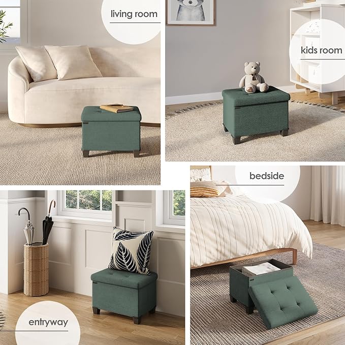 STORAGEBUD Storage Ottoman Cube with Small Bin, 16-in Square Ottoman with Storage for Living Room and Bedroom, Small Ottomans Foot Rest, Fabric Foot Stools Ottomans Max 330lbs, Green