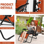Tangkula Zero Gravity Chair, Folding Patio Lounge Chair Adjustable Outdoor Recliner with Cup Holder, Wide Armrest for Patio Garden Poolside Outdoor Yard Beach, Support 350 lbs (2, Orange)