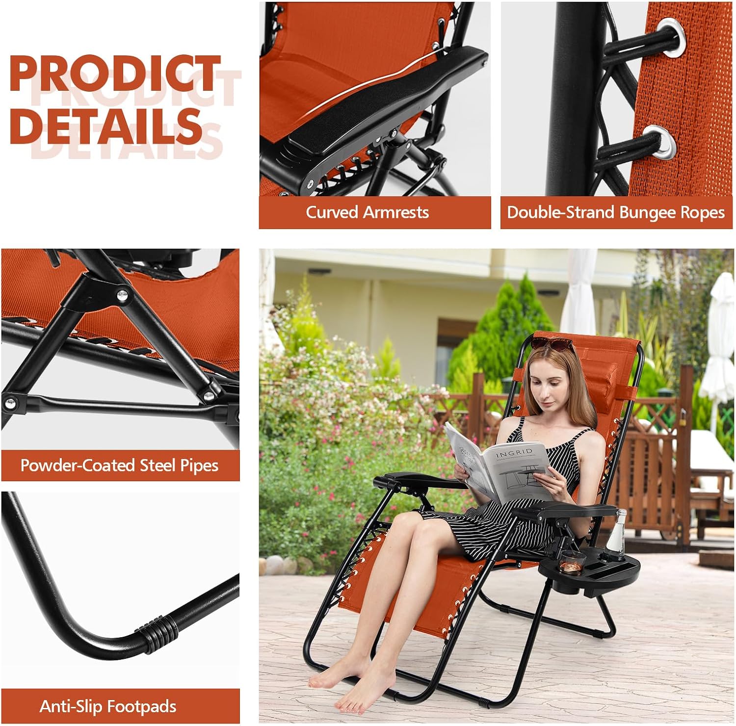Tangkula Zero Gravity Chair, Folding Patio Lounge Chair Adjustable Outdoor Recliner with Cup Holder, Wide Armrest for Patio Garden Poolside Outdoor Yard Beach, Support 350 lbs (2, Orange)