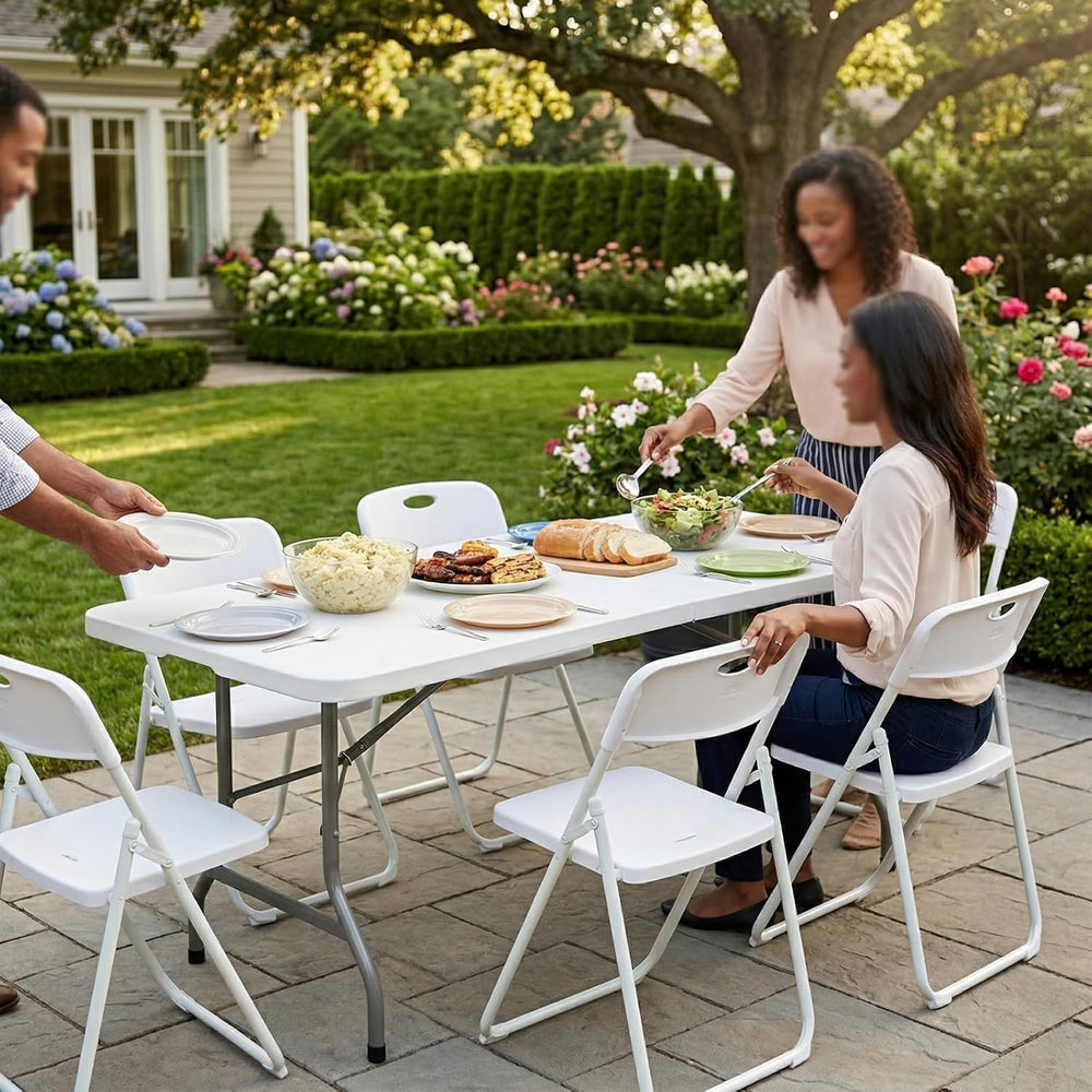 Folding Table and Chairs Set, 6 Foot Foldable Long Plastic Table with 6 Plast...