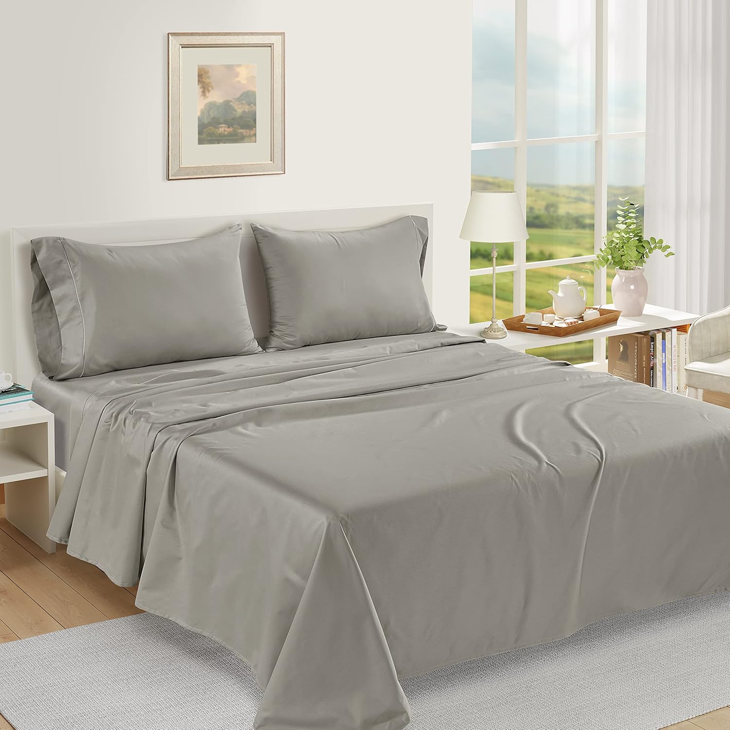 LANE LINEN Pillow Case Covers King Set of 2 100% Egyptian Cotton Sateen Soft Cool & Smooth 1000 Thread Count Cases - Silver