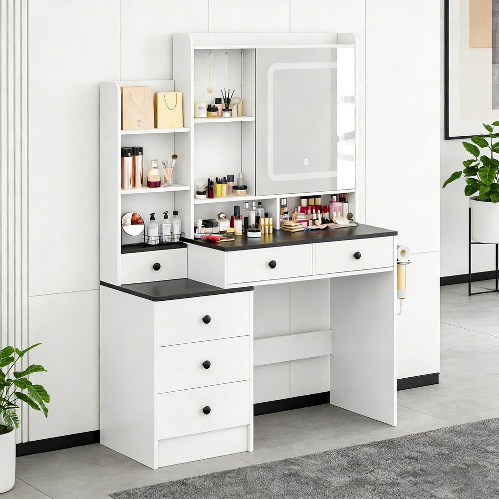 KAMABOKO Makeup Vanity Table with Adjustable LED Mirror & Charging Statio...