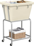 ELYKEN Laundry Cart with Wheels, Rolling Laundry Hamper with Removable Bag and Shelf, Metal Frame Laundry Basket with 4 Casters and 2 Brakes, Ideal for Bedroom, Bathroom, Laundry Room, Cream