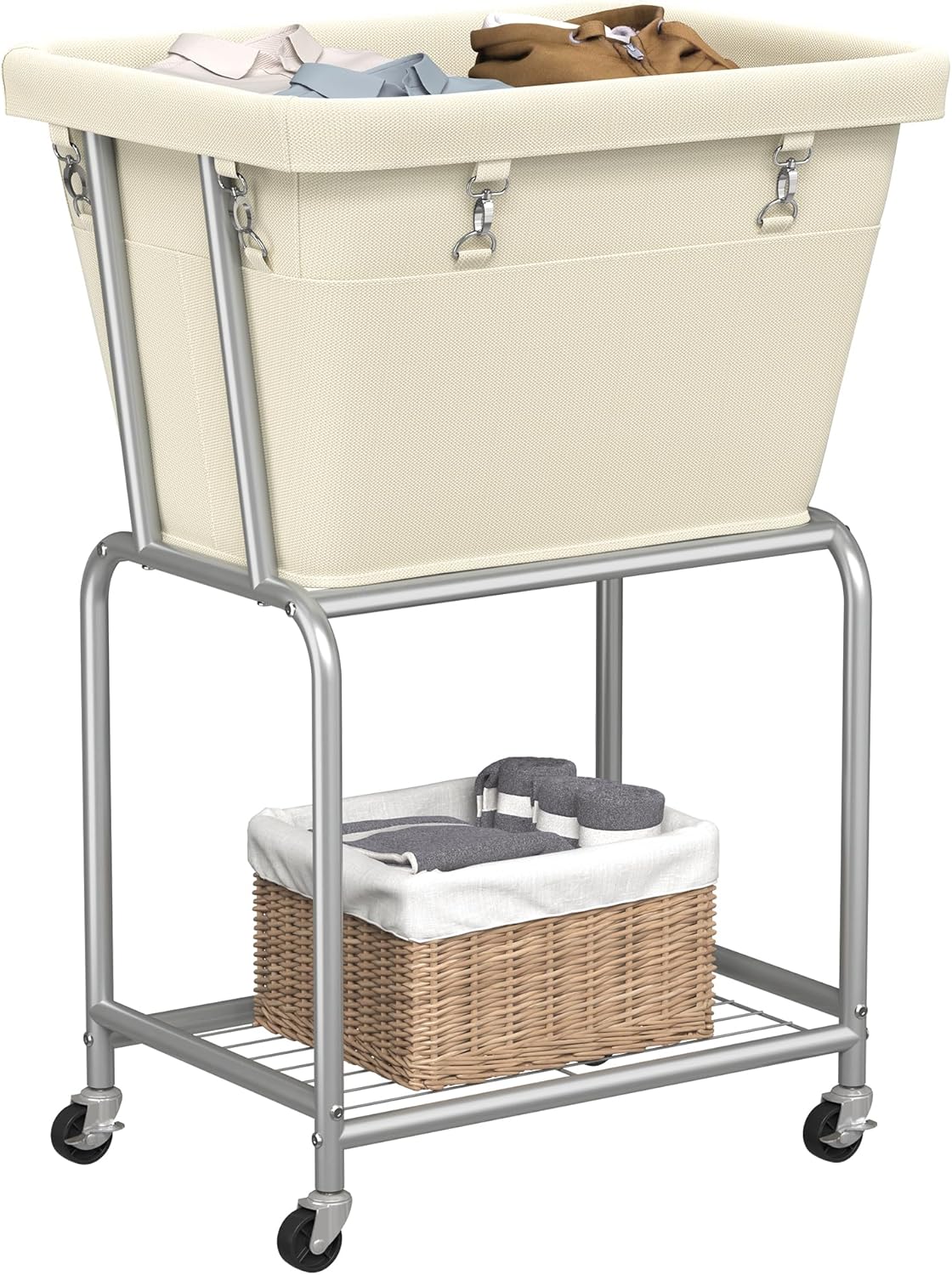 ELYKEN Laundry Cart with Wheels, Rolling Laundry Hamper with Removable Bag and Shelf, Metal Frame Laundry Basket with 4 Casters and 2 Brakes, Ideal for Bedroom, Bathroom, Laundry Room, Cream
