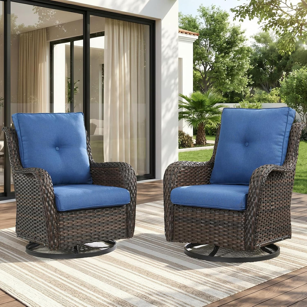 Luxury Outdoor Wicker Glider Rocker Chairs for 4 Person, Outdoor Furniture Sets with 2 Piece Wicker Swivel Rocker Chairs, Rattan Glider Rocker Chairs with Table for 2 Seats Brown/Blue