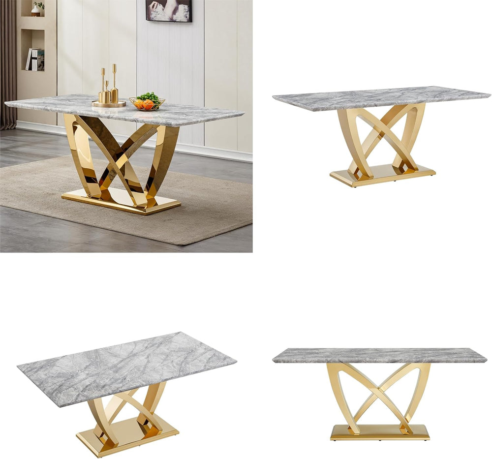 Modern Dining Table 70" Rectangular Kitchen Table with Imitation Marble ...
