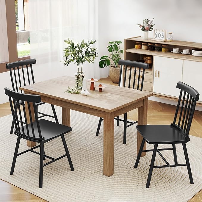 HOMCOM Windsor Dining Chairs Set of 4, Farmhouse Wooden Kitchen Chairs with Rubber Wood Frame and Spindle Backrest for Dining Room, Living Room, Black
